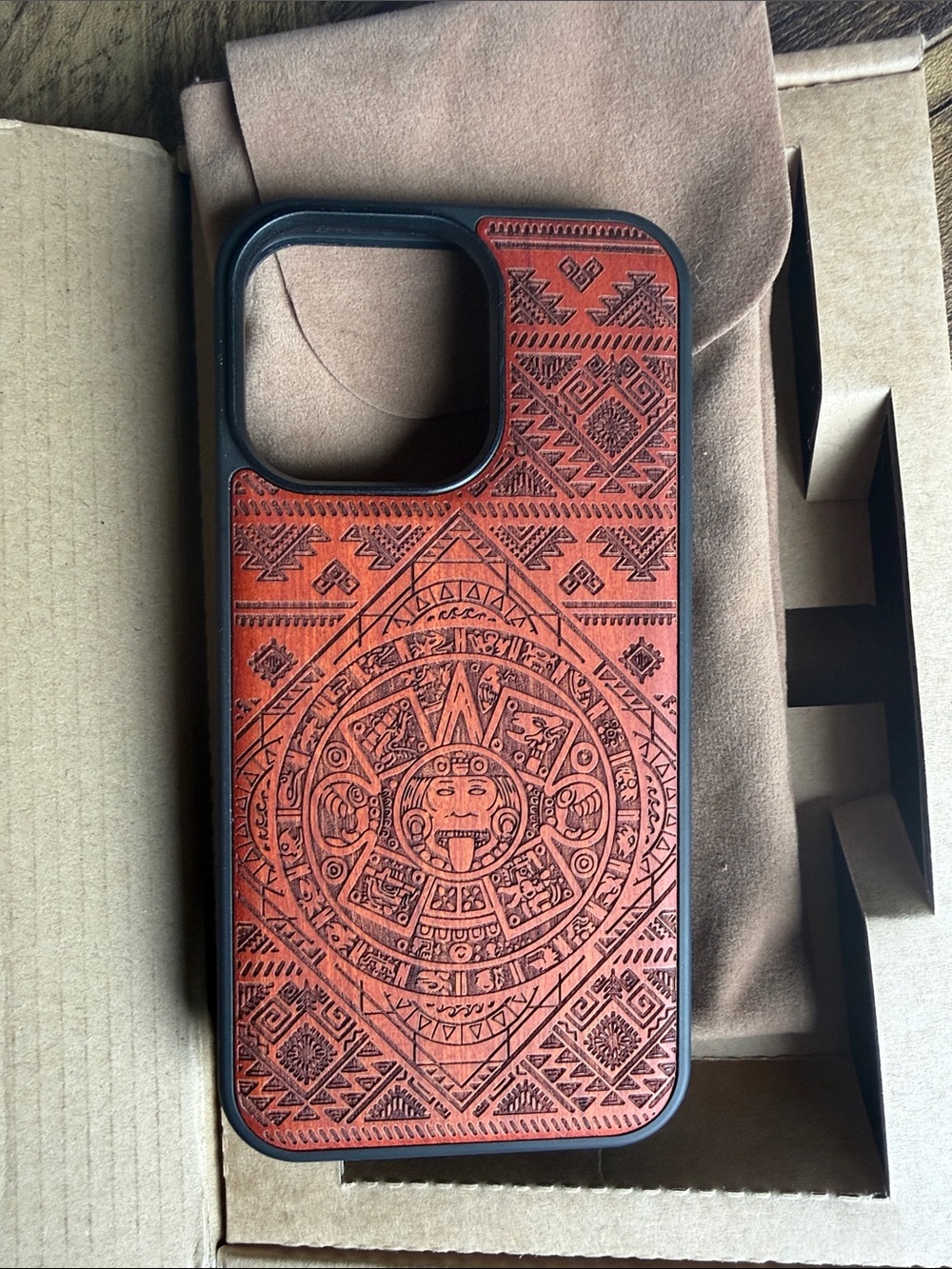 Aztec-Engraved Brown Wooden iPhone 13pro Case